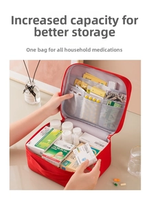Detailed interior of red oxford medical bag with multiple compartments and mesh pockets