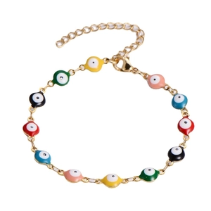 Adjustable 18K gold plated stainless steel bracelet with colorful Evil Eye charms