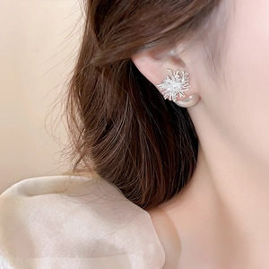 Détail des boucles d'oreilles feu d'artifice argentées avec grande perle sur mannequin