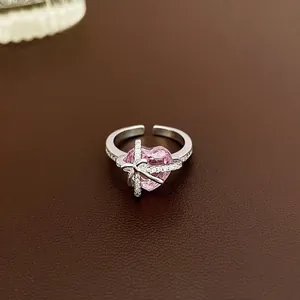 Pink heart zircon open ring with crossover pavé crystals and silver finish