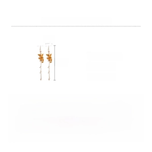 Detail view of long gold floral tassel earrings showing size 12x2cm and glass iron material