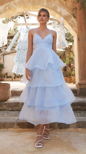 Detail of tiered light blue summer dress featuring backless design and light fabric