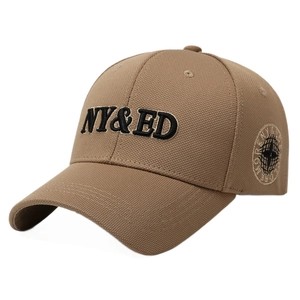 Structured brown cotton baseball cap featuring 3D NY&ED embroidery and side globe patch