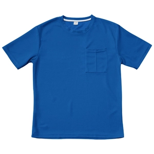 Detailed close-up of blue waffle knit fabric texture on a short-sleeve shirt with chest pocket