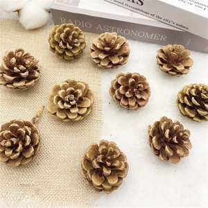Natural dried pine cones scattered on rustic fabric for holiday home decor and DIY