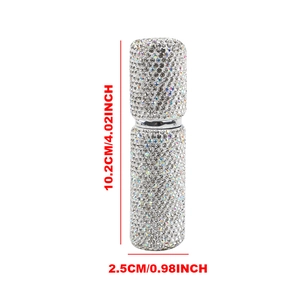 Macro view of crystal rhinestones on 10ml refillable spray bottle showing dimensions