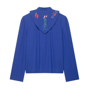 Blue long sleeve hooded jacket with strawberry embroidery on collar, casual style