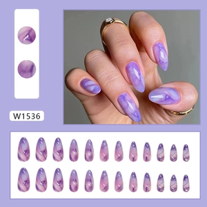 Almond-shaped light purple marble press-on nails with 24-piece smoke texture set