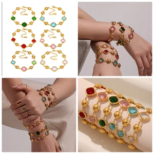 Macro view of square faceted glass bracelets in six colors with 18k gold plated ball chains