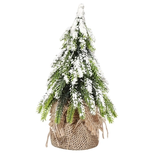 Mini tabletop Christmas tree with flocked snow needles and a rustic burlap base