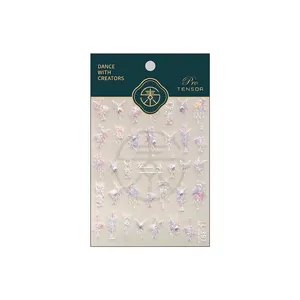3D embossed holographic butterfly and pearl nail art stickers with vintage floral patterns
