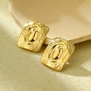 Elegant gold relief square geometric earrings in stainless steel with a metallic luster