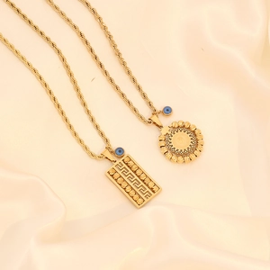 Stainless Steel Evil Eye Necklace Gold Plated Geometric Pendant Vintage Relief Coin Rectangle Rope Chain Jewelry For Women