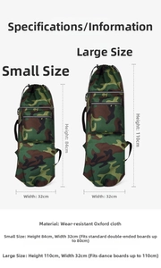 Detailed size chart for waterproof Oxford skateboard bags in small and large sizes
