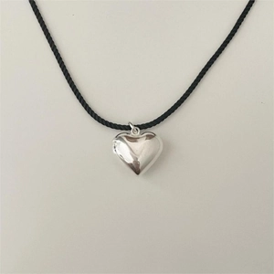 Minimalist 925 sterling silver heart pendant necklace with a black braided cord strap