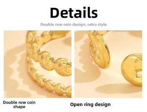 Macro view of dual-row gold coin design on vintage stainless steel open ring