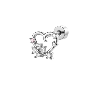 Silver heart stud earring with clear crystals and pink stones in a minimalist floral design