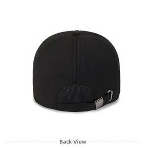 Detail view of the black baseball cap back with adjustable metal buckle and stitching