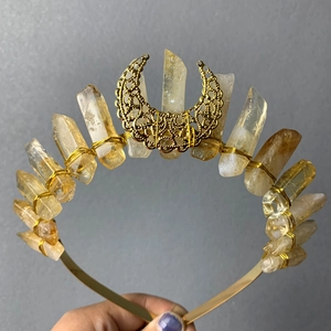 Golden crown headband with natural yellow citrine crystals and filigree crescent moon