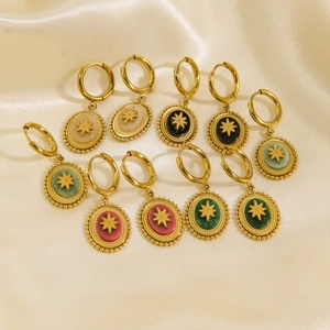 Bohemian Retro Starburst Pendant Earrings Stainless Steel Natural Stone Inlaid Gold Plated French Vintage Women Jewelry