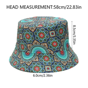 Detailed view of bohemian bucket hat showing dimensions: 58cm circumference and 8.5cm height
