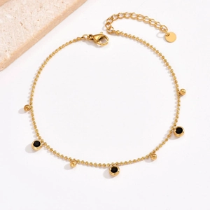18K gold plated stainless steel bead bracelet with black round stones and adjustable chain