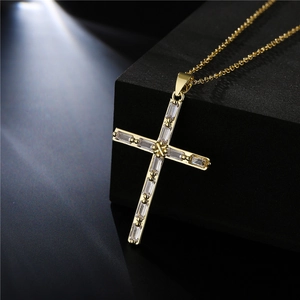 Cross Pendant Necklace Copper 18K Gold Plated Baguette Cut Zircon Religious Hip Hop Style Jewelry For Women