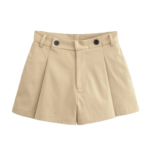 Short femme kaki à taille haute, jambes larges, double boutonnage et plis plats