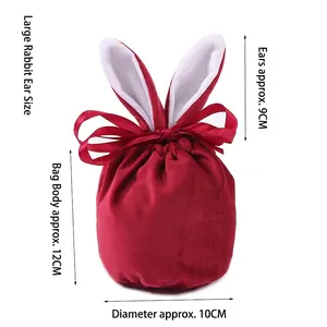 Large red velvet Easter bunny ear drawstring gift bag with ribbon bow and dimensions