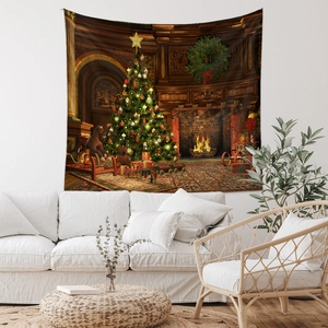 Detail of Christmas tapestry featuring a festive fireplace and tree over a white sofa