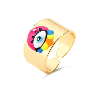 18K gold plated wide open ring featuring colorful enamel rainbow evil eye motifs