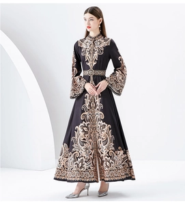 Elegant palace style maxi dress with stand collar and vintage paisley print details