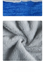 Detailed close-up of thick blue knitted fabric and soft gray faux fur lining