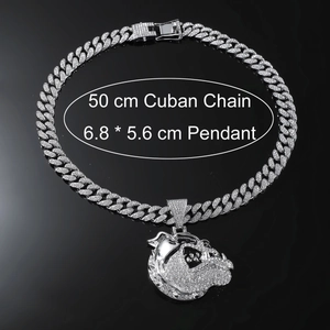 Iced out silver bulldog pendant with 50cm cuban chain in hip hop luxury jewelry style