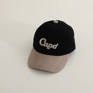 Close-up of contrast corduroy baseball cap with high-quality Capd 3D embroidery detail