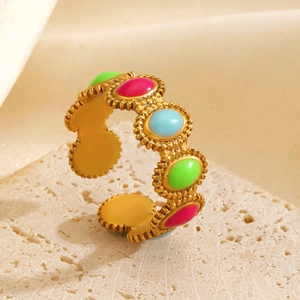 Vintage Geometric Oval Colorful Enamel Stainless Steel Ring Adjustable Opening Bohemian Fashion Jewelry For Women