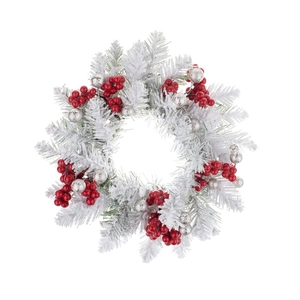 Mini Christmas wreath with flocked pine needles red berries and silver glitter ornaments
