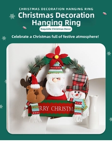 Detail of Christmas wreath with Santa, Reindeer, and Snowman plush for door decor