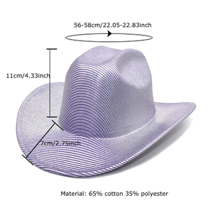 Purple western cowboy hat with sizing specifications and 65% cotton blend material details