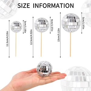 Silver mirror disco ball cake toppers in 3cm, 4cm, and 5cm sizes with dimensions shown