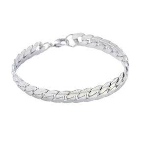 Polished silver stainless steel cuban link bracelet for men with six-side flat grinding