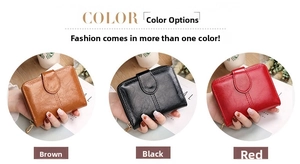 Three variants of women's short leather wallets in brown, black, and red colors with zippers