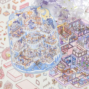 3D isometric cat-themed scrapbook stickers with cute architecture and miniature scenes