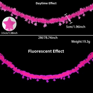 Detailed dimensions and fluorescent effect of the pink star tinsel garland