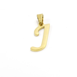 Detailed shot of golden stainless steel letter J pendant with high-polished metal finish