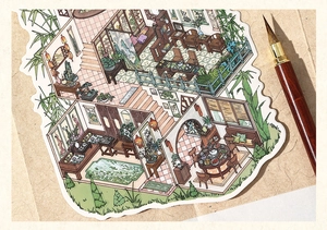 Close-up of 2.5D Chinese architectural stickers on kraft paper with a fountain pen