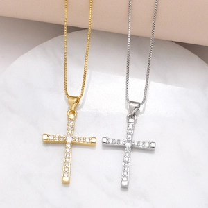 Cross Pendant Necklace Copper Gold Plated Inlaid Zircon Hip Hop Box Chain Minimalist Jewelry For Men Women