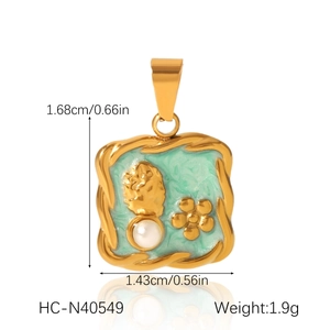 Detail showing green enamel gold pendant with pearl flower and precise measurements