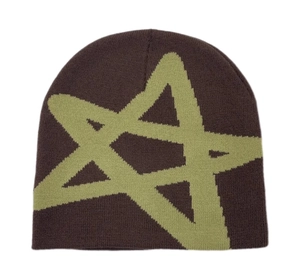 Detail of dark brown knitted beanie featuring a large olive green star pattern