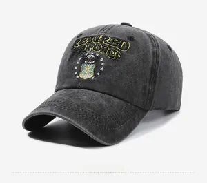 Detailed embroidery of Retired Air Force eagle logo on grey washed cotton baseball cap